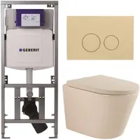 Geberit QeramiQ Dely Toiletset - 36.3x51.7cm - diepspoel - rimless - UP320 inbouwreservoir - softclose toilet zitting 35 mm - bedieningsplaat beige - ronde knoppen - mat beige