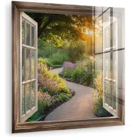 MuchoWow Glasschilderij 90x90 cm - Schilderij acrylglas - Doorkijk - Bloemen - Natuur - Zon - Pad - Foto op glas - Muurdecoratie woonkamer - Wanddecoratie slaapkamer - Schilderijen