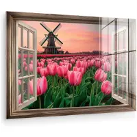 MuchoWow Glasschilderij 30x20 cm - Schilderij acrylglas - Doorkijk - Tulpen - Bloemen - Molen - Raam - Foto op glas - Muurdecoratie woonkamer - Wanddecoratie slaapkamer - Schilderijen