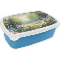 MuchoWow Broodtrommel Blauw - Lunchbox Bos - Schilderstijl - Kleurrijk - Brooddoos 18x12x6 cm - Brood lunch box - Broodtrommels voor kinderen en volwassenen