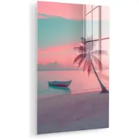 MuchoWow Glasschilderij 80x120 cm - Schilderij acrylglas - Zee - Boot - Zonsondergang - Foto op glas - Muurdecoratie woonkamer - Wanddecoratie slaapkamer - Schilderijen