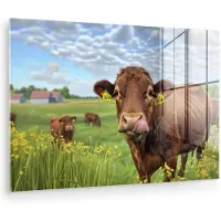 MuchoWow Glasschilderij 60x40 cm - Schilderij acrylglas - Koe - Weide - Bloemen - Foto op glas - Muurdecoratie woonkamer - Wanddecoratie slaapkamer - Schilderijen