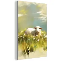 MuchoWow Aluminium schilderij 80x120 cm - Wanddecoratie metaal - Schaap - Weide - Groen - Metalen muurdecoratie woonkamer - Decoratie industrieel - Foto op dibond - Industriële accessoires slaapkamer