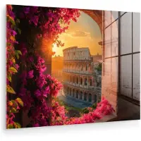 MuchoWow Glasschilderij 160x120 cm - Schilderij acrylglas - Colosseum - Rome - Roze Bloemen - Foto op glas - Muurdecoratie woonkamer - Wanddecoratie slaapkamer - Schilderijen