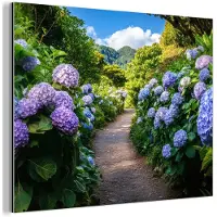 MuchoWow Aluminium schilderij 160x120 cm - Wanddecoratie metaal - Hortsensia - Pad - Bloemen - Metalen muurdecoratie woonkamer - Decoratie industrieel - Foto op dibond - Industriële accessoires slaapkamer