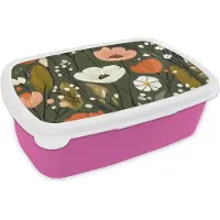 MuchoWow Broodtrommel Roze - Lunchbox Bloemen - Illustratie - Groen - Brooddoos 18x12x6 cm - Brood lunch box - Broodtrommels voor kinderen en volwassenen
