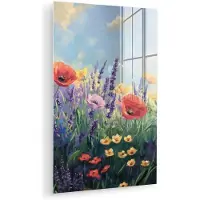MuchoWow Glasschilderij 100x150 cm - Schilderij acrylglas - Weide - Bloemen - Kleurrijk - Foto op glas - Muurdecoratie woonkamer - Wanddecoratie slaapkamer - Schilderijen