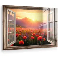 MuchoWow Glasschilderij 60x40 cm - Schilderij acrylglas - Doorkijk - Klaprozen - Bloemen - Rood - Open raam - Foto op glas - Muurdecoratie woonkamer - Wanddecoratie slaapkamer - Schilderijen
