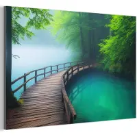 MuchoWow Aluminium schilderij 30x20 cm - Wanddecoratie metaal - Brug - Water - Rivier - Bos - Metalen muurdecoratie woonkamer - Decoratie industrieel - Foto op dibond - Industriële accessoires slaapkamer