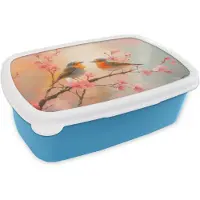 MuchoWow Broodtrommel Blauw - Lunchbox Roodborstjes - Sierlijk - Bloesemtak - Brooddoos 18x12x6 cm - Brood lunch box - Broodtrommels voor kinderen en volwassenen