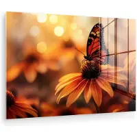 MuchoWow Glasschilderij 180x120 cm - Schilderij acrylglas - Vlinder - Bloemen - Oranje - Foto op glas - Muurdecoratie woonkamer - Wanddecoratie slaapkamer - Schilderijen