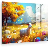 MuchoWow Glasschilderij 160x120 cm - Schilderij acrylglas - Schaap - Weide - Bloemen - Foto op glas - Muurdecoratie woonkamer - Wanddecoratie slaapkamer - Schilderijen