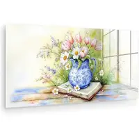 MuchoWow Glasschilderij 120x60 cm - Schilderij acrylglas - Vaas - Delftsblauw - Madeliefjes - Foto op glas - Muurdecoratie woonkamer - Wanddecoratie slaapkamer - Schilderijen