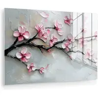 MuchoWow Glasschilderij 150x100 cm - Schilderij acrylglas - Bloesem - Kunstzinnig - Roze - Sakura - Foto op glas - Muurdecoratie woonkamer - Wanddecoratie slaapkamer - Schilderijen