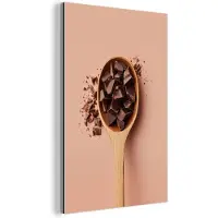 MuchoWow Aluminium schilderij 120x180 cm - Wanddecoratie metaal - Chocola - Hout - Lepel - Metalen muurdecoratie woonkamer - Decoratie industrieel - Foto op dibond - Industriële accessoires slaapkamer