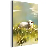 MuchoWow Aluminium schilderij 120x160 cm - Wanddecoratie metaal - Schaap - Weide - Groen - Metalen muurdecoratie woonkamer - Decoratie industrieel - Foto op dibond - Industriële accessoires slaapkamer