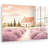 MuchoWow Glasschilderij 60x40 cm - Schilderij acrylglas - Lavendelveld - Huis - Paars - Foto op glas - Muurdecoratie woonkamer - Wanddecoratie slaapkamer - Schilderijen