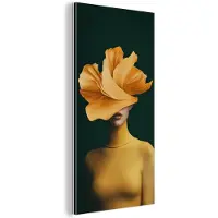 MuchoWow Aluminium schilderij 40x80 cm - Wanddecoratie metaal - Vrouw - Hoed - Geel - Metalen muurdecoratie woonkamer - Decoratie industrieel - Foto op dibond - Industriële accessoires slaapkamer