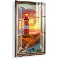 MuchoWow Glasschilderij 60x90 cm - Schilderij acrylglas - Doorkijk - Raam - Vuurtoren - Zonsondergang - Strand - Foto op glas - Muurdecoratie woonkamer - Wanddecoratie slaapkamer - Schilderijen