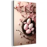 MuchoWow Aluminium schilderij 100x150 cm - Wanddecoratie metaal - Roze - Bloesems - Eieren - Metalen muurdecoratie woonkamer - Decoratie industrieel - Foto op dibond - Industriële accessoires slaapkamer
