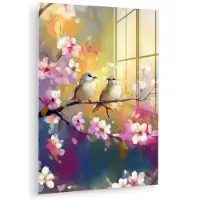 MuchoWow Glasschilderij 120x160 cm - Schilderij acrylglas - Vogels - Bloemen - Roze - Foto op glas - Muurdecoratie woonkamer - Wanddecoratie slaapkamer - Schilderijen