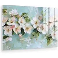 MuchoWow Glasschilderij 180x120 cm - Schilderij acrylglas - Bloesem - Bladeren - Lichtblauw - Foto op glas - Muurdecoratie woonkamer - Wanddecoratie slaapkamer - Schilderijen