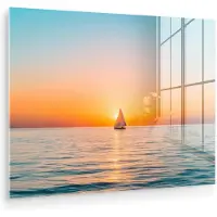 MuchoWow Glasschilderij 120x90 cm - Schilderij acrylglas - Zee - Zeilboot - Zonsondergang - Foto op glas - Muurdecoratie woonkamer - Wanddecoratie slaapkamer - Schilderijen