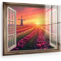 MuchoWow Glasschilderij 160x120 cm - Schilderij acrylglas - Doorkijk - Tulpen - Zonsondergang - Bloemen - Kleurrijk - Foto op glas - Muurdecoratie woonkamer - Wanddecoratie slaapkamer - Schilderijen