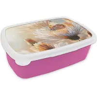 MuchoWow Broodtrommel Roze - Lunchbox Vlinder - Bloem - Oranje - Brooddoos 18x12x6 cm - Brood lunch box - Broodtrommels voor kinderen en volwassenen