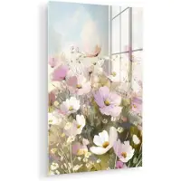 MuchoWow Glasschilderij 100x150 cm - Schilderij acrylglas - Bloemenveld - Lichte tinten - Geschilderd - Foto op glas - Muurdecoratie woonkamer - Wanddecoratie slaapkamer - Schilderijen