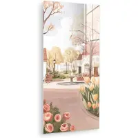 MuchoWow Glasschilderij 40x80 cm - Schilderij acrylglas - Dorpsplein - Fontein - Tulpen - Foto op glas - Muurdecoratie woonkamer - Wanddecoratie slaapkamer - Schilderijen