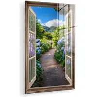 MuchoWow Glasschilderij 40x60 cm - Schilderij acrylglas - Doorkijk - Hortensia - Pad - Natuur - Foto op glas - Muurdecoratie woonkamer - Wanddecoratie slaapkamer - Schilderijen