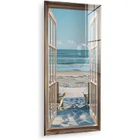 MuchoWow Glasschilderij 80x160 cm - Schilderij acrylglas - Doorkijk - Strandstoelen - Duinen - Zee - Natuur - Foto op glas - Muurdecoratie woonkamer - Wanddecoratie slaapkamer - Schilderijen