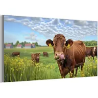 MuchoWow Aluminium schilderij 160x80 cm - Wanddecoratie metaal - Koe - Weide - Bloemen - Metalen muurdecoratie woonkamer - Decoratie industrieel - Foto op dibond - Industriële accessoires slaapkamer