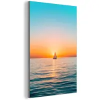 MuchoWow Aluminium schilderij 120x180 cm - Wanddecoratie metaal - Zee - Zeilboot - Zonsondergang - Metalen muurdecoratie woonkamer - Decoratie industrieel - Foto op dibond - Industriële accessoires slaapkamer