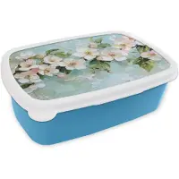 MuchoWow Broodtrommel Blauw - Lunchbox Bloesem - Bladeren - Lichtblauw - Brooddoos 18x12x6 cm - Brood lunch box - Broodtrommels voor kinderen en volwassenen