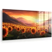 MuchoWow Glasschilderij 80x40 cm - Schilderij acrylglas - Zonnebloemen - Zonsondergang - Landschap - Foto op glas - Muurdecoratie woonkamer - Wanddecoratie slaapkamer - Schilderijen