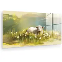 MuchoWow Glasschilderij 120x60 cm - Schilderij acrylglas - Schaap - Weide - Groen - Foto op glas - Muurdecoratie woonkamer - Wanddecoratie slaapkamer - Schilderijen