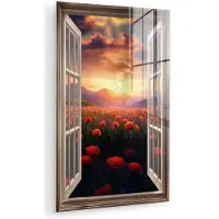 MuchoWow Glasschilderij 40x60 cm - Schilderij acrylglas - Doorkijk - Klaprozen - Bloemen - Rood - Open raam - Foto op glas - Muurdecoratie woonkamer - Wanddecoratie slaapkamer - Schilderijen