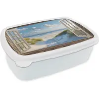MuchoWow Broodtrommel Wit - Lunchbox Doorkijk - Strand - Raam - Duinen - Zee - Brooddoos 18x12x6 cm - Brood lunch box - Broodtrommels voor kinderen en volwassenen