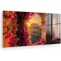 MuchoWow Glasschilderij 160x80 cm - Schilderij acrylglas - Colosseum - Rome - Roze Bloemen - Foto op glas - Muurdecoratie woonkamer - Wanddecoratie slaapkamer - Schilderijen