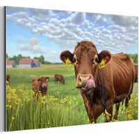 MuchoWow Aluminium schilderij 60x40 cm - Wanddecoratie metaal - Koe - Weide - Bloemen - Metalen muurdecoratie woonkamer - Decoratie industrieel - Foto op dibond - Industriële accessoires slaapkamer