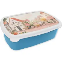 MuchoWow Broodtrommel Blauw - Lunchbox Bloemen - Huizen - Dorp - Brooddoos 18x12x6 cm - Brood lunch box - Broodtrommels voor kinderen en volwassenen