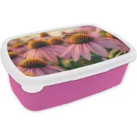 MuchoWow Broodtrommel Roze - Lunchbox Bloemen - Paars - Bijen - Brooddoos 18x12x6 cm - Brood lunch box - Broodtrommels voor kinderen en volwassenen