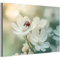 MuchoWow Aluminium schilderij 30x20 cm - Wanddecoratie metaal - Lieveheersbeestje - Bloemen - Wit - Metalen muurdecoratie woonkamer - Decoratie industrieel - Foto op dibond - Industriële accessoires slaapkamer