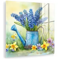 MuchoWow Glasschilderij 50x50 cm - Schilderij acrylglas - Gieter - Lavendel - Bloesems - Foto op glas - Muurdecoratie woonkamer - Wanddecoratie slaapkamer - Schilderijen
