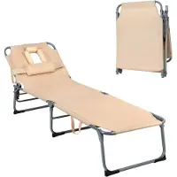 Costway Zonneligstoel met gezichtsopening, inklapbare ligstoel met verstelbare rugleuning en hoofdsteun, strandstoel, ligstoel voor tuin, strand, 194 x 60 x 36 cm (beige)