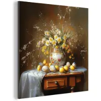 MuchoWow Aluminium schilderij 50x50 cm - Wanddecoratie metaal - Paaseieren - Stilleven - Vaas - Metalen muurdecoratie woonkamer - Decoratie industrieel - Foto op dibond - Industriële accessoires slaapkamer