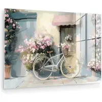 MuchoWow Glasschilderij 180x120 cm - Schilderij acrylglas - Fiets - Pastelkleuren - Bloemen - Foto op glas - Muurdecoratie woonkamer - Wanddecoratie slaapkamer - Schilderijen