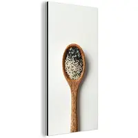 MuchoWow Aluminium schilderij 20x40 cm - Wanddecoratie metaal - Lepel - Sesam - Wit - Metalen muurdecoratie woonkamer - Decoratie industrieel - Foto op dibond - Industriële accessoires slaapkamer